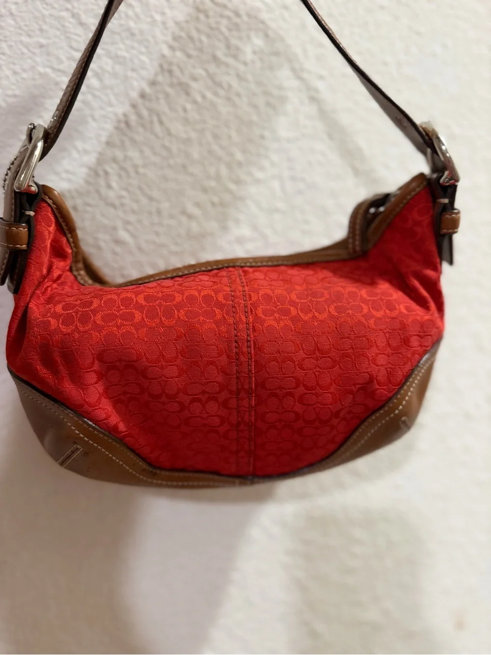 Coach Red Signature Jacquard Shoulder Bag with Brown Leather Trim